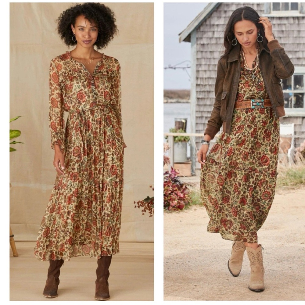 Sundance Floral Long Sleeve Litzy Bloom Dress - Brown, Tan, Red and Green XS